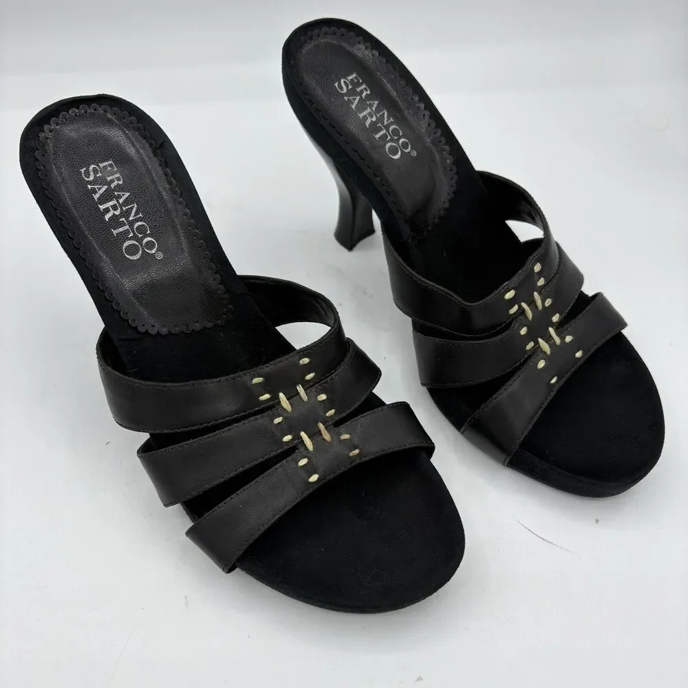 Franco Sarto High Heels Womens 7 Leather Kitten Black Open Toe Mule Straps G2